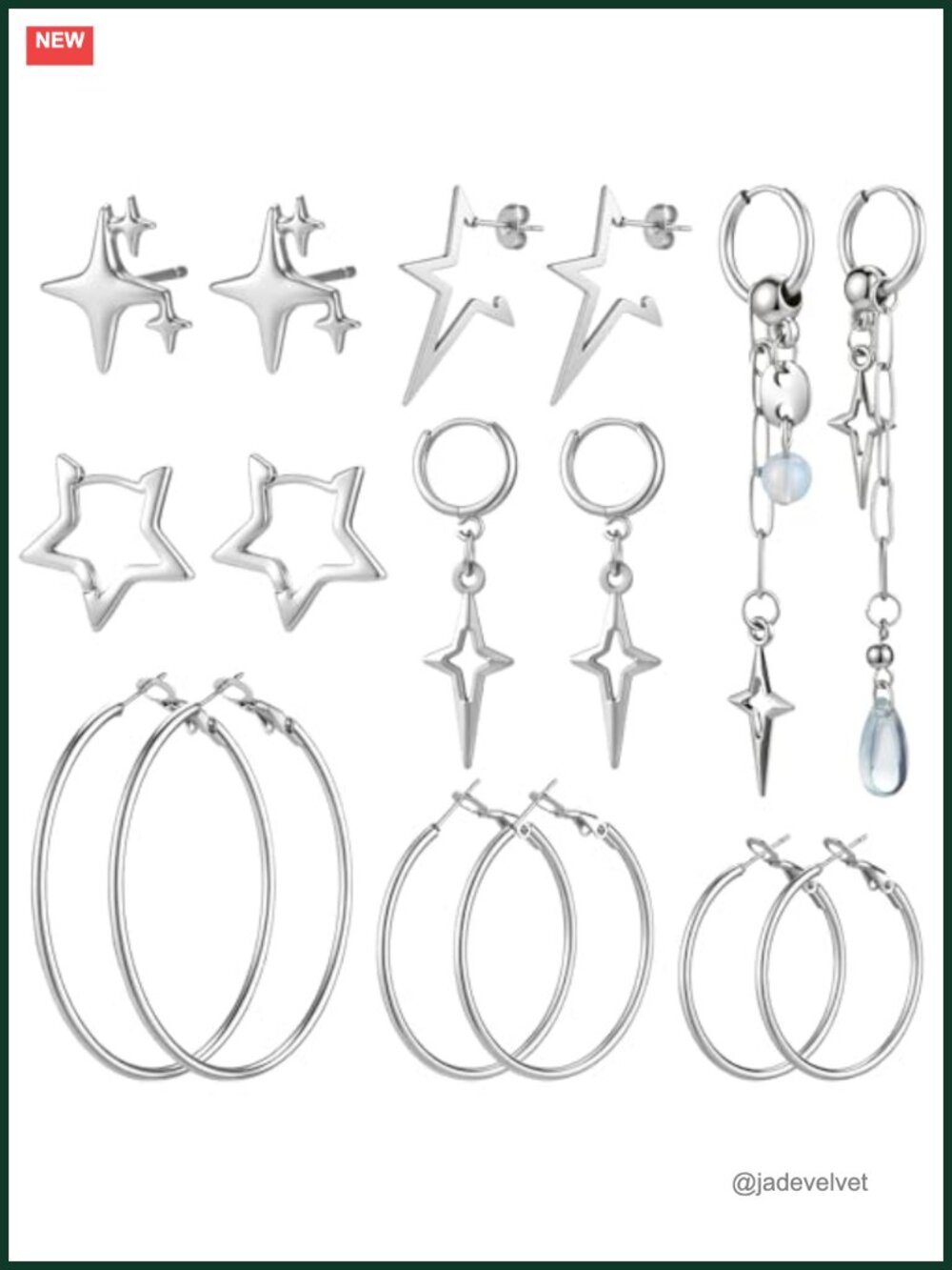 8 Pairs Y2K Star Hoop Earrings Set Alloy Gothic Goth Silver-Tone Women Men